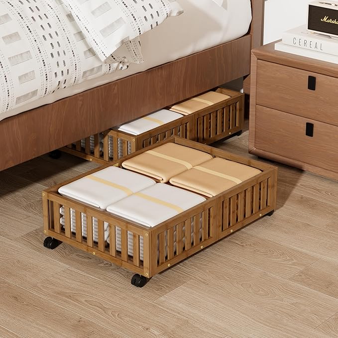 Bamboo Under Bed Storage with Wheels (2-Pack) – Rolling Underbed Shoe Organizer Box for Shoes, Blankets, Toys, Clothes Container Space-Saving Organizer Bins for Bedroom, Closet, Dorm, Nursery-Ruum Studio Home