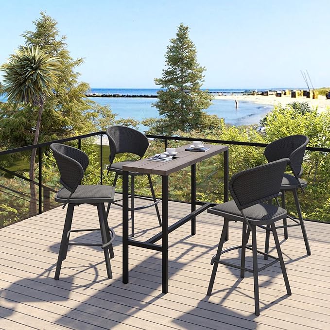 VICLLAX Patio Bar Stool Chairs with Footrests and Padded Seat, Bar Height Swivel Patio Chairs Set of 6, Woven Wicker Swivel Bar Stools for Lawn Garden, Grey-Ruum Studio Home