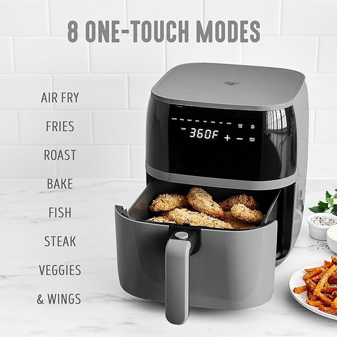 GreenLife Compact Electric Air Fryer Oven, 5.3 QT, PFAS-Free Ceramic Nonstick Drawer, 8 One Touch Digital Display, Easy View Window, Auto Shut-Off Timer, Dishwasher Safe Parts, 1500 Watts, Graphite-Ruum Studio Home
