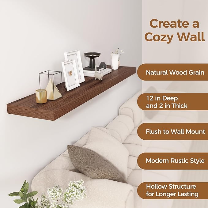 Floating Shelves 55 Inch Long, 12 Inch Deep Floating Shelves for Wall, Rustic Deep Wall Shelf for Fireplace Mantel, 55 x 12 Large Display Shelf for Living Room, Bedroom, Kitchen, Walnut Color, 1 Pack-Ruum Studio Home