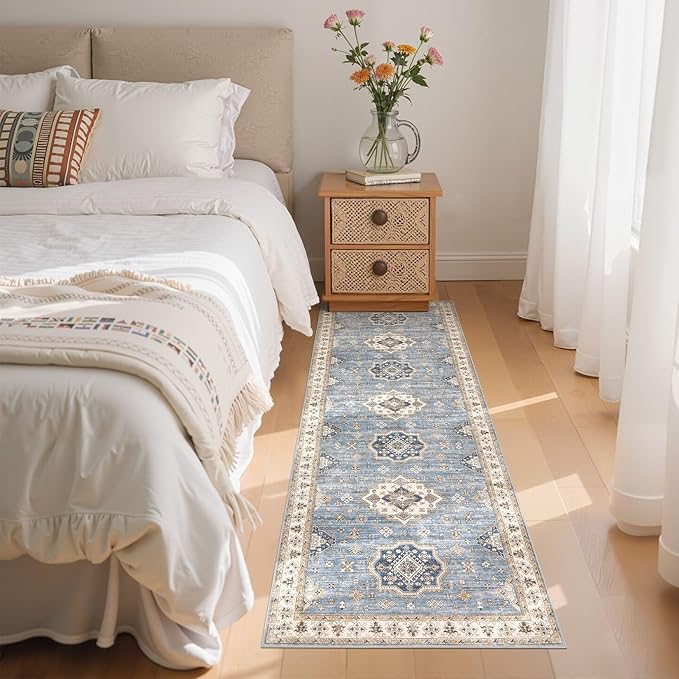 Washable 2x6 Runner Rug - Area Rugs Neutral Vintage Distressed Floral Farmhouse Boho Large Soft Floor Rug Indoor Carpet for Hallway Entryway Bedroom Kitchen - Blue-Ruum Studio Home