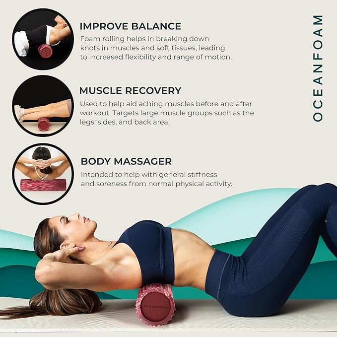 Oceanfoam Tidal Roller - Maroon, Blush & Hot Pink Marbled - Muscle Massage Foam Roller for Back Pain & Stretching - Firm & Ergonomic Wide Wave Textured - Yoga & Athletics - Full Size, 20" x 5"-Ruum Studio Home