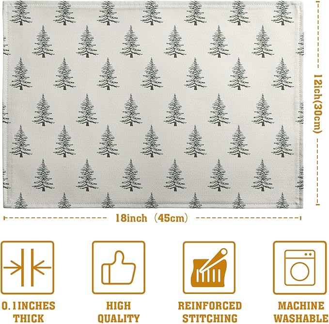 Pine Trees Christmas Placemats Set of 4 Xmas Tree Vintage Rustic Print Place Mats Winter Holiday Green White Farmhouse Linen Table Mats for Indoor Outdoor Kitchen Dining Party Decor-Ruum Studio Home