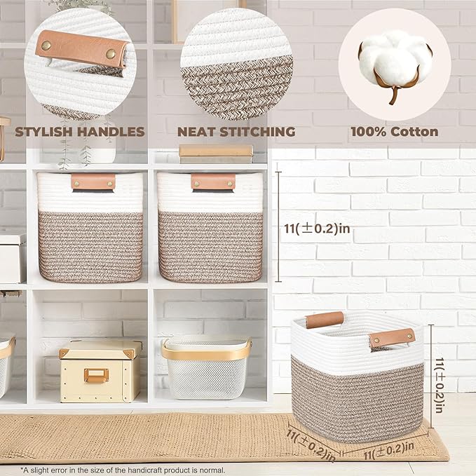 danpinera 11 Inch Storage Baskets, Woven Baskets for Organizing, 3 Pack Storage Cubes for Shelves, Closet, Nursery with Removable Leather Handles, White & Mixed Brown-Ruum Studio Home