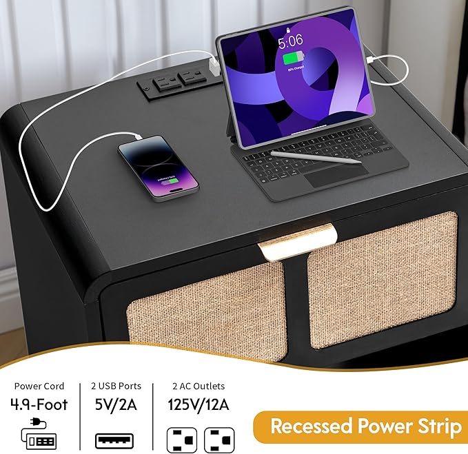 LEVNARY Nightstand with Charging Station, Mid-Century Modern Bedside Table with Curved Top Corners and Fabric-Like Textured Drawer, Wooden End Table for Farmhouse Bedroom Living Room (1, Black)-Ruum Studio Home