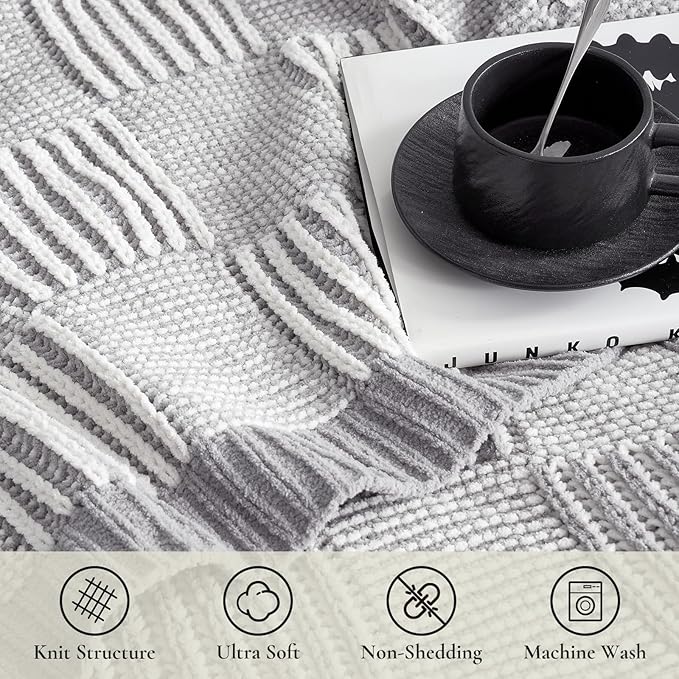 Amélie Home Chenille Knit Throw Blanket for Couch, Checkered Texture Decorative Soft Blanket for Sofa, Bed & Living Room, 50"x60", Grey & White-Ruum Studio Home