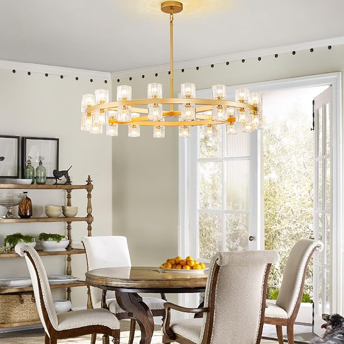 Modern 36" Gold Round Chandelier Light Fixture, K9 Crystal Chandeliers for Dining Room, Living Room, Dining Room Chandeliers Over Table, Chandelier for Bedroom, Foyer, Includes 36XG4 Bulbs-Ruum Studio Home