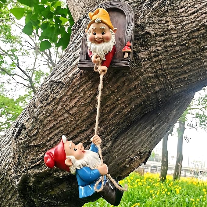 Elenon Climbing Gnomes Tree Faces Decor, Adorable Gnome Tree Hugger Fairy Garden Statue, Funny Peeker Sculpture Outdoor Yard Patio Art (2pcs)-Ruum Studio Home
