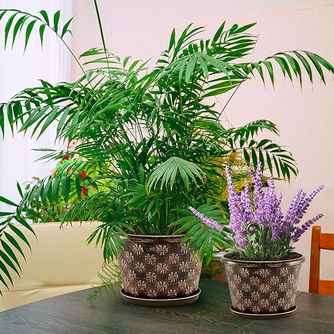 10 Inch Planter Pots for Plants, 4 Pack Plastic Large Flower Pots Indoor Outdoor, Resin Plant Pot with Drainage & Saucer, Retro Decorative Garden Pot with Removable Trays for House-Ruum Studio Home