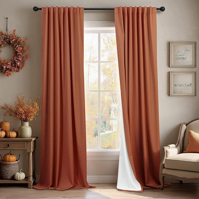 Patio Sliding Glass Doors Curtains 108 Inches Long 2 Panel Blackout Linen Textured Bohemian Autumn Fall Decorations Hippie Decorative Thermal Drapes for Summer Heat Light Blocking Black Out Terracotta-Ruum Studio Home