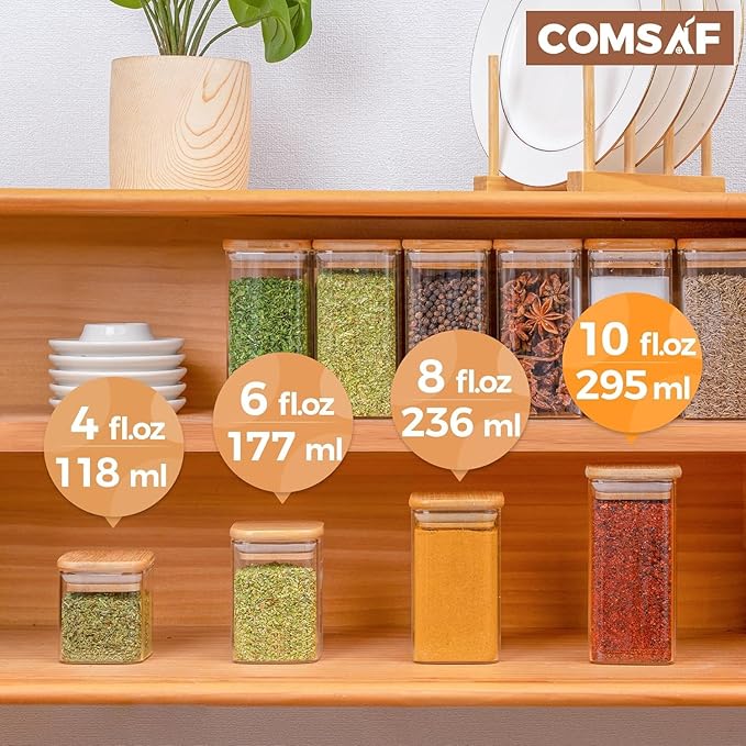 ComSaf 6Pcs 10 oz Large Spice Jars with Label Trial Set, Glass Spice Jars with Bamboo Lids Supplementary Set, Seasoning Container Trial Pack, Perfect for Ktichen Starter-Ruum Studio Home