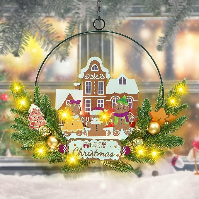 Light up Christmas Wreaths for Front Door, Welcome Metal Wooden Door Wreath Decor Hanging Sign, 30 LED Lighted Wall Decor Battery Operated for Halloween Indoor Outdoor (Gingerbread Man)-Ruum Studio Home