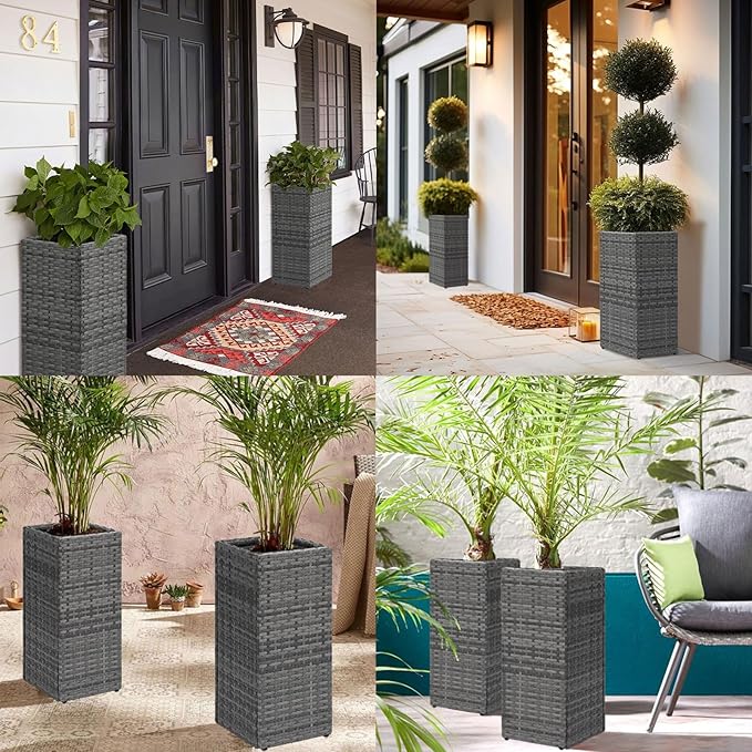 LEWIS&WAYNE Set of 2 Tall Planters for Outdoor Plants Handmade 24'' Wicker Tall Square Planter Box with Removable Liners Modern Planter for Indoor Outdoor Garden Patio Front Porch - Gray-Ruum Studio Home