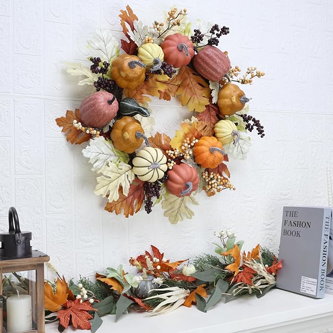 24 inch Fall Wreaths for Front Door Outside Autumn Wreath Fall Decorations for Home Decor Pumpkin Wreath for Farmhouse Holiday Thanksgiving Harvest Halloween Outdoor Indoors Fall Front Porch-Ruum Studio Home