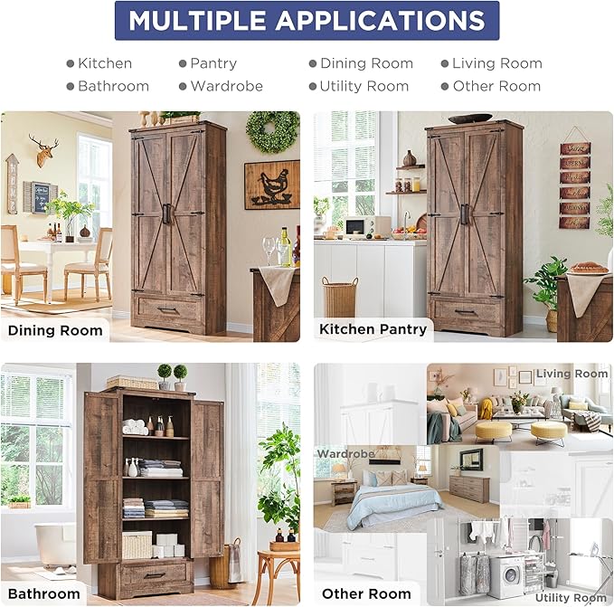 Farmhouse Kitchen Pantry Cabinet - 72" Tall Wood Kitchen Storage Cabinets with Adjustable Shelves & 2 Barn Doors & Drawer, Versatile Storage for Dining Room, Bathroom, Utility Room, Light Brown-Ruum Studio Home