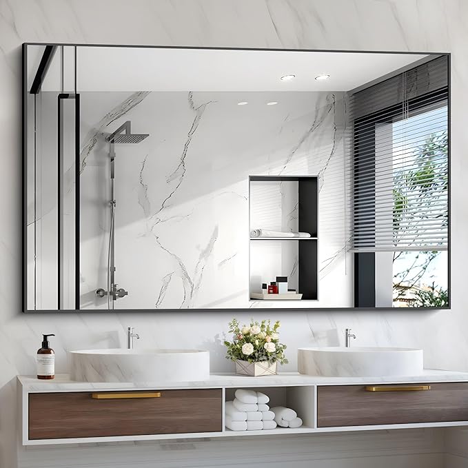 Black Bathroom Mirror, 48"X36" Rectangle Mirrors for Wall Metal Frame, Modern Vanity Wall Mirror for Bathroom Living Room, Entryway Hangs Horizontal or Vertical-Ruum Studio Home