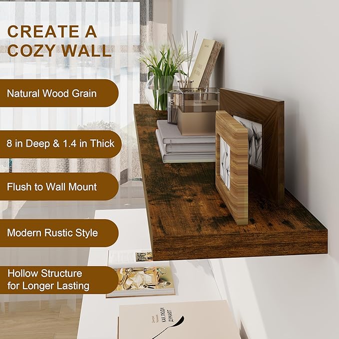 Fun Memories Floating Shelves, 8 Inch Deep Floating Shelves, Rustic Wood Fireplace Mantel 48 in Long, 48 x 8 Floating Wall Shelves for Living Room, Kitchen, Bedroom, Rustic Brown, 1 Pack-Ruum Studio Home