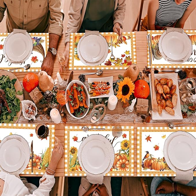 Thanksgiving Placemats Set of 6 Thanksgiving Day Plastic Table Mats Welcome Fall Place Mats Washable Vinyl Rustic Holiday Table Decoration for Indoor Outdoor Autumn Party Kitchen Dining-Ruum Studio Home