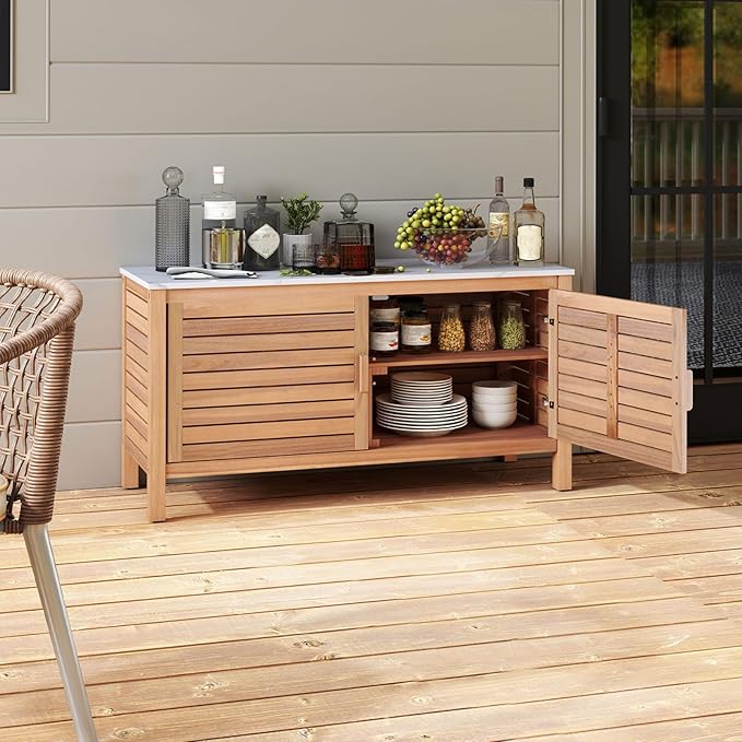 Goplus Patio Storage Cabinet, 2-Door Acacia Wood Storage Container with Faux Marble Top, Outdoor Wooden Sideboard for Deck, Garden, Lawn and Backyard-Ruum Studio Home