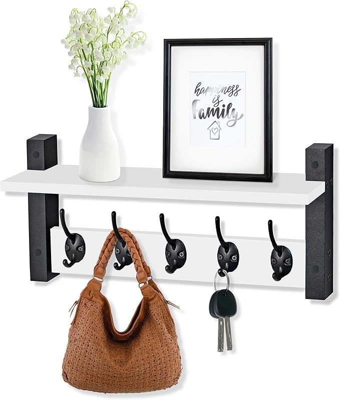 Sorbus Coat Hooks Wall Mount with Shelf – 16 Inch Coat Rack Wall Mount with 5 Heavy Duty Hooks – Floating Wall Shelf with Hooks for Entryway, Bathroom, Bedroom, Kitchen, or Mudroom (White)-Ruum Studio Home
