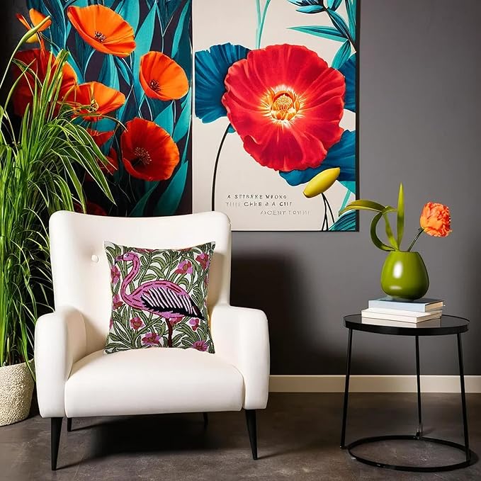 William Morris Flamingo Floral Pillow Cover - Hand Embroidered Modern Flower Pillowcase, Outdoor Cushion, Suzani Farmhouse Chair Throw, Couch Cushions - Wool, Size 18x18-Ruum Studio Home