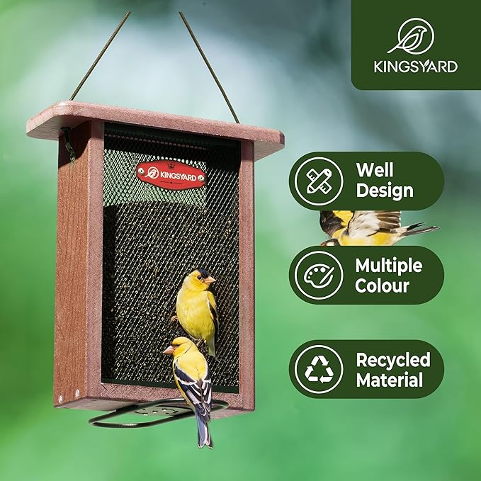 Kingsyard Metal Mesh Bird Feeder for Outdoors Hanging, Finch Feeder for Nyjer/Thistle, Sliding Mesh & Built-in Perch, Recycled Plastic, Brown-Ruum Studio Home