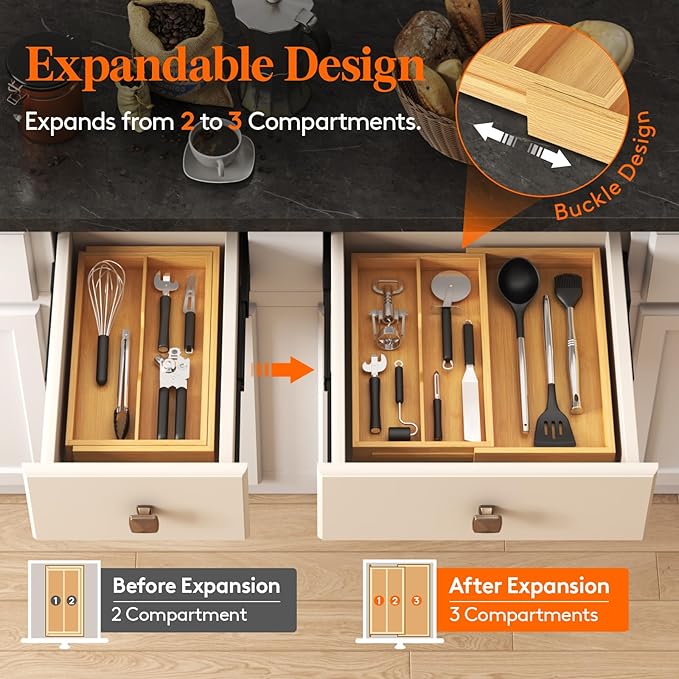 Lifewit Utensil Drawer Organizer, Expendable Cooking Silverware Tray for Kitchen Drawer, Bamboo Adjustable Cutlery Flatware Holder, Spatula Tools and Gadgets Storage Divider, 3 Compartments, Natural-Ruum Studio Home