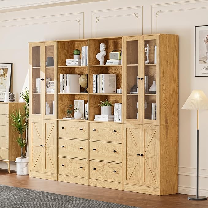 71" Tall Bookshelves Set of 4, 2 Bookcases with Drawers & 2 Bookshelves with Doors, Wooden Bookshelves Floor Standing Display Storage Shelves Home Decor Furniture for Home Office, Living Room-Ruum Studio Home