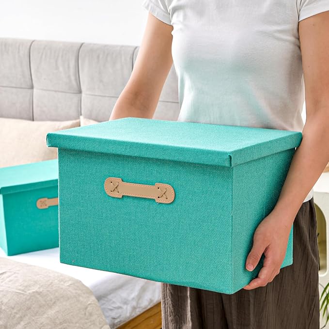Enzk&Unity Decorative Storage Bins with Lids, Fabric Linen Foldable Storage Box with Handle Home Organizer for Shelf, Closet, Bedroom, Living Room, Office, 3 Packs, Teal-Ruum Studio Home