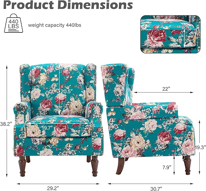 UIXE High Back Floral Accent Chairs Set of 2, Upholstered Armchair in Fabric, Retro Printed Wingback Arm Chair for Living Room, Nailhead Trim Single Sofa Bedroom Reading Seat - Peacock Blue-Ruum Studio Home