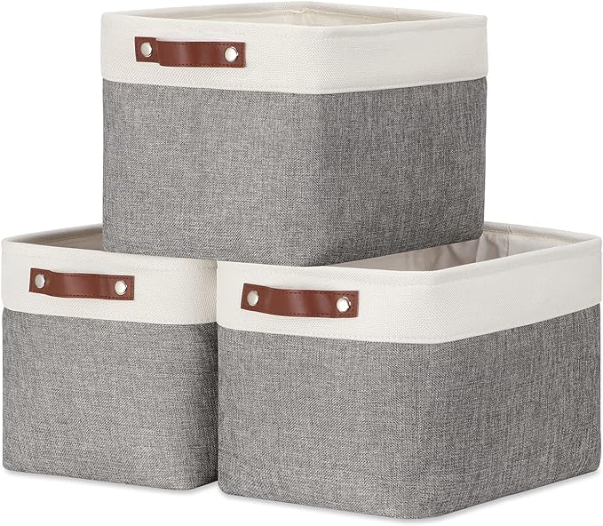 DULLEMELO Storage Baskets for Organizing, Rectangular Fabric Storage Bins Collapsible, Perfect for Shelves, Closets, Empty Gift Baskets (3-Pack Medium-15 inch X 11 inch X 9.5 inch , White&Grey)-Ruum Studio Home