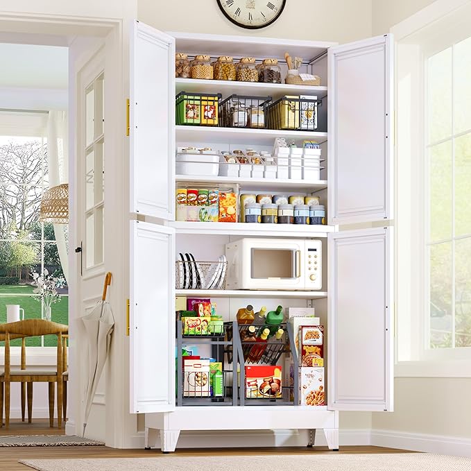 75.2" Tall Metal Pantry Cabinet, Kitchen Pantry Storage Cabinets with 4 Door and 4 Adjustable Shelves, White Storage Cabinet, Freestanding Cupboard for Kitchen Dining Room Living Room Bathroom-Ruum Studio Home