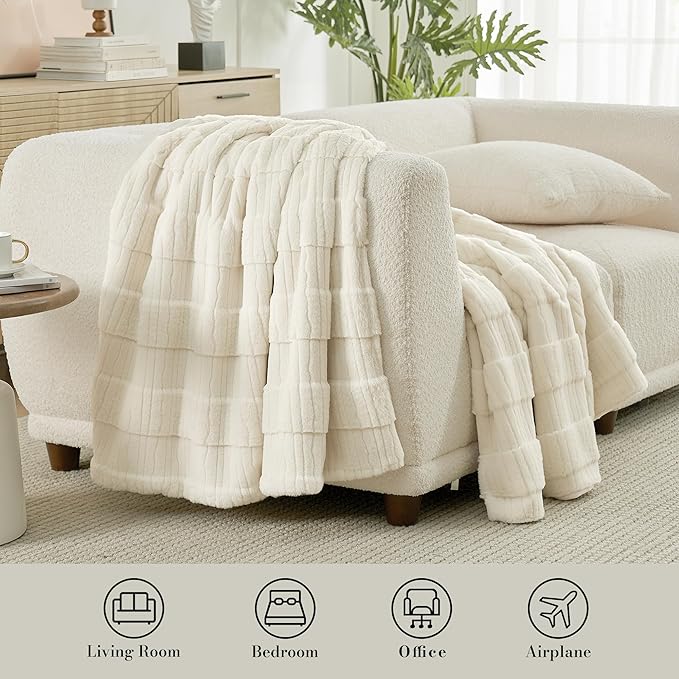 Amélie Home Luxury Striped Faux Fur Throw Blanket for Couch, Embossed Split Fur Cozy Fuzzy Fluffy Luxurious Soft Plush Sofa Chair Bed Gift Blankets for Women Men Wife Friend, 60"x80", Ivory-Ruum Studio Home