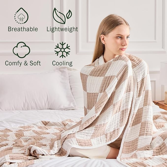 EMME Checkered Throw Blanket Cooling Cotton Blanket for Couch Soft Muslin Blankets 50"x60" Lightweight Breathable Cooling Soft All Season Gauze, Light Tan-Ruum Studio Home
