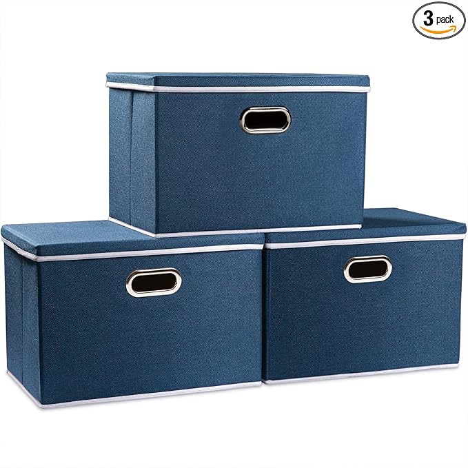 PRANDOM Large Collapsible Storage Bins with Lids [3-Pack] Fabric Foldable Storage Boxes Organizer Containers Baskets Cube with Cover for Home Bedroom Closet Office Royal Blue(17.7x11.8x11.8)-Ruum Studio Home