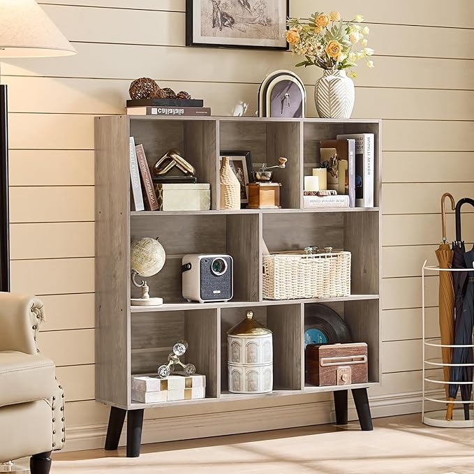 LEYAOYAO 8 Cube Bookshelf,3 Tier Bookcase with Legs,Modern Grey Mid-Century Bookshelves,Large Farmhouse Open Storage Organizer Shelf, Retro Wooden Display Book Case for Bedroom,Living Room,Office-Ruum Studio Home