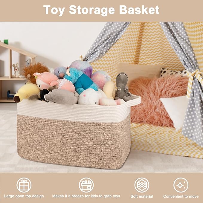 OIAHOMY 95L Blanket Basket, 24”x17”x14”, Large Woven Basket for Storage, Nursery Cotton Rope Basket with Handle, Living Room, Nursery, Bedroom,Toy Storage Organizer Bins, Brown and White-Ruum Studio Home