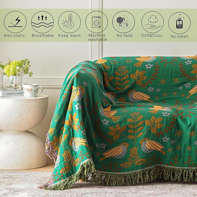 MSGKV Cotton Bed Blanket for Couch and Sofa Blankets for Living Room Bedroom Floral and Birds Throw 80"x90" Breathable Cozy Boho Blankets-Ruum Studio Home