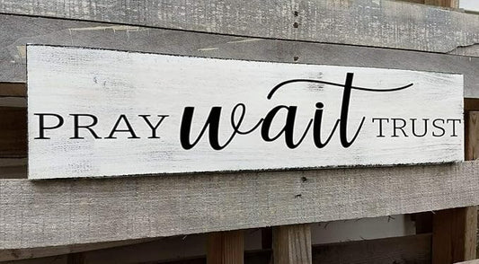 Pray Wait Trust Sign, Farmhouse Christian Wall Art, Religious Home Decorations Faith Wall Decor (Pray) 4x16 Inch-Ruum Studio Home