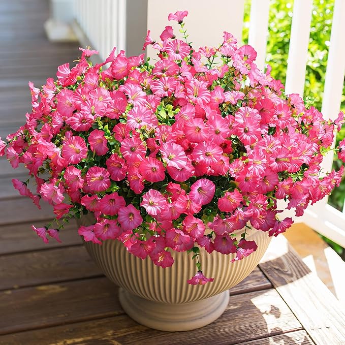Artificial Flowers for Outdoors Fake Plants Outside Decoration, 12 Bundles Silk Pink Morning Glory with Eucalyptus UV Resistant Look Real Faux Flowers for Planter Front Door Yard Gardens Home-Ruum Studio Home