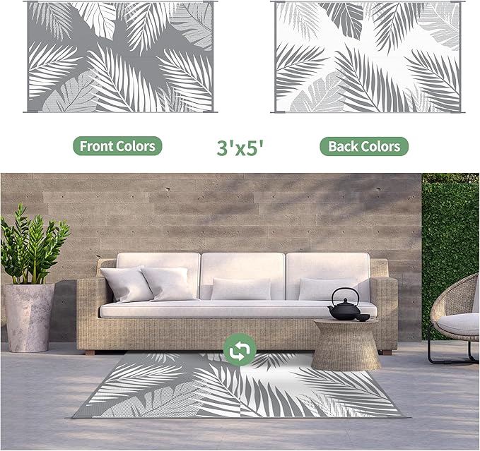 GENIMO Outdoor Rug 3' x 5' Waterproof for Patios Clearance, Reversible Outdoor Plastic Straw Camping Rug Carpet, Large Area Rugs Mats for RV, Camper, Deck, Balcony, Porch, Beach, Picnic, Grey&White-Ruum Studio Home