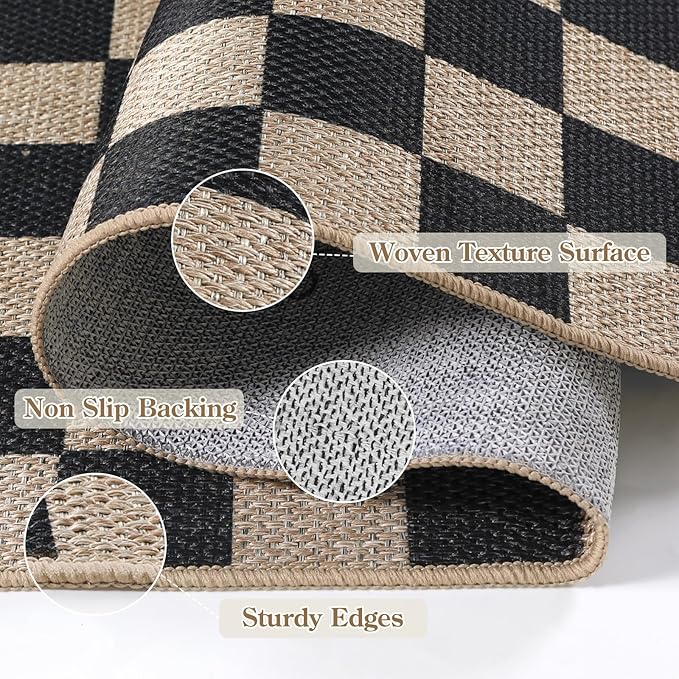 Lahome Checkered Easy Jute Outdoor Rug, 5x7 Farmhouse Rugs for Living Dining Room, Washable Non Slip Non Shedding Floor Carpet for Sunroom Mudroom Backyard Deck-Ruum Studio Home