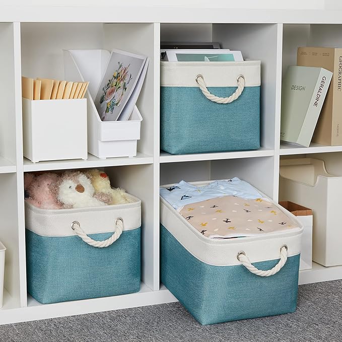 Bidtakay Basket Storage Bins with Handles Fabric Large Storage Baskets for Organizing Set of 3 Collapsible Rectangular Basket for Shelves Closet Organizer 15 X 11 X 9.5 Inches(White&Teal Blue)-Ruum Studio Home