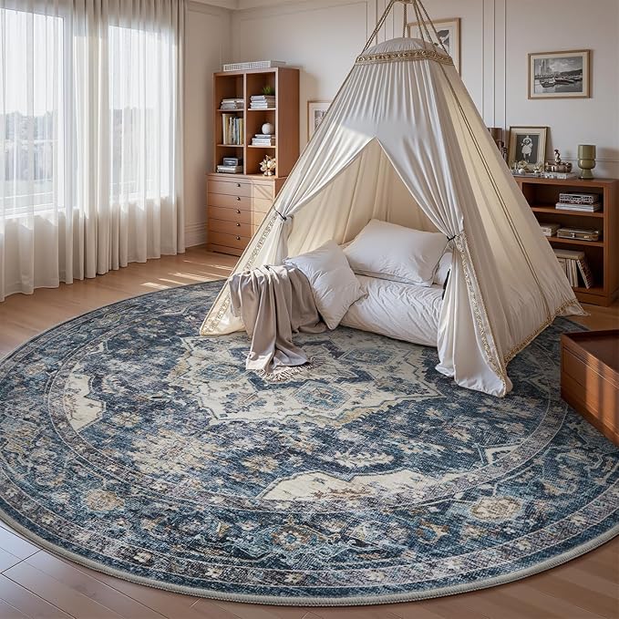AMOAMI-6FT Round Rug-Rugs for Living Room-Vintage Soft Blue Rugs for Bedroom-Non Slip Circle Rug-Machine Washable Rug for Dining Room Living Room Bedroom Office Under Table-Ruum Studio Home