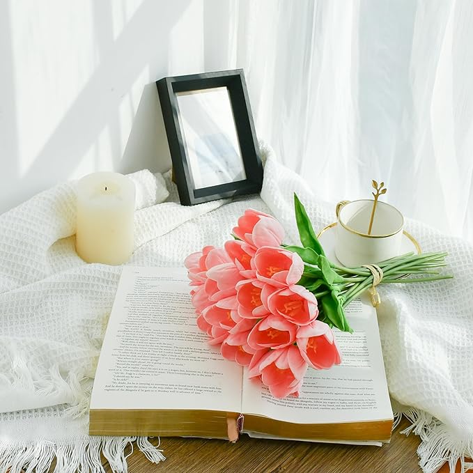 Mandy's Artificial Tulips 12 Stems Light Pink Partially Open PU Faux Flowers for Wedding Home Decor 13.5 Inch-Ruum Studio Home