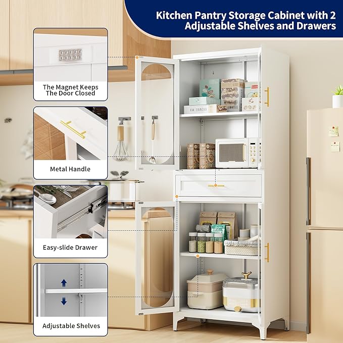 75” Tall Kitchen Pantry Storage Cabinet, Metal Storage Cabinet with 1 Drawer and Adjustable Shelves, Kitchen Pantry Cupboard, Freestanding Cupboard for Bathroom (White-4 Doors and 1 Drawer)-Ruum Studio Home