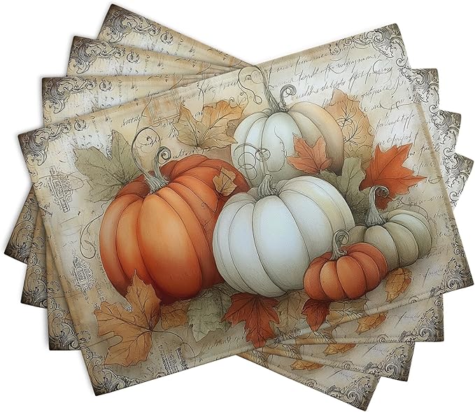 Fall Pumpkin Placemats Set of 4 Vintage Autumn Maple Leaf Seasonal Place Mats 12x18 Inch Thanksgiving Farmhouse Linen Fabric Table Mats for Party Kitchen Dining Outdoor Indoor Decor-Ruum Studio Home