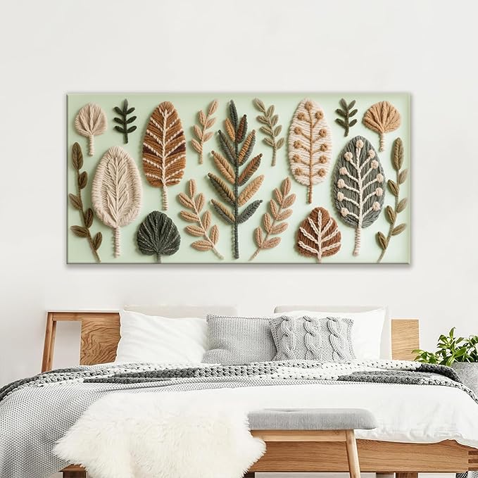 Large Boho Wall Art For Living Room Chic Home Green Wall Art Modern Multicolor Print Paintings Leaves Feather Canvas Wall Art Decor Picture For Bedroom Apartment Kitchen Ready To Hang 29"W X 58"L-Ruum Studio Home