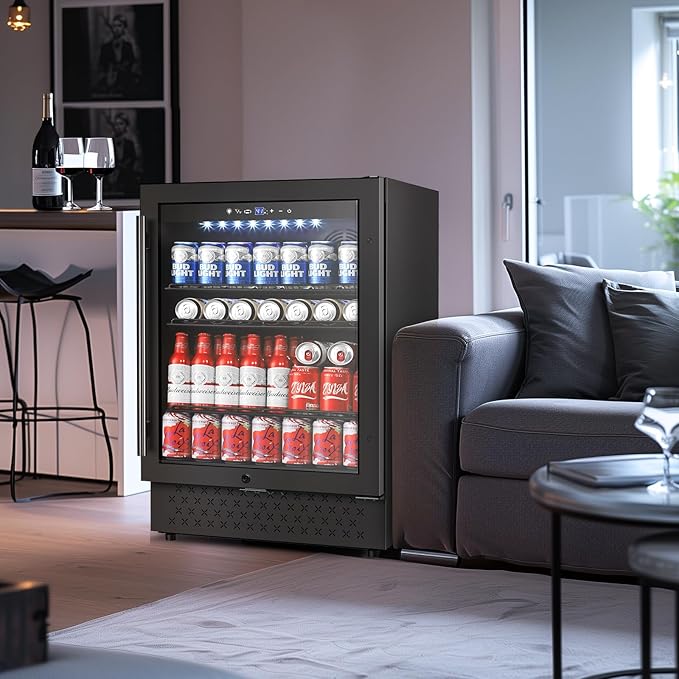 Tylza Beverage Refrigerator 24 Inch, Under Counter/Freestanding Drink Fridge, 190 Cans Beverage Cooler with Glass Door, Reversible Door, Low Noise, Quick Cooling - for Beer, Soda, ETC, Black-Ruum Studio Home