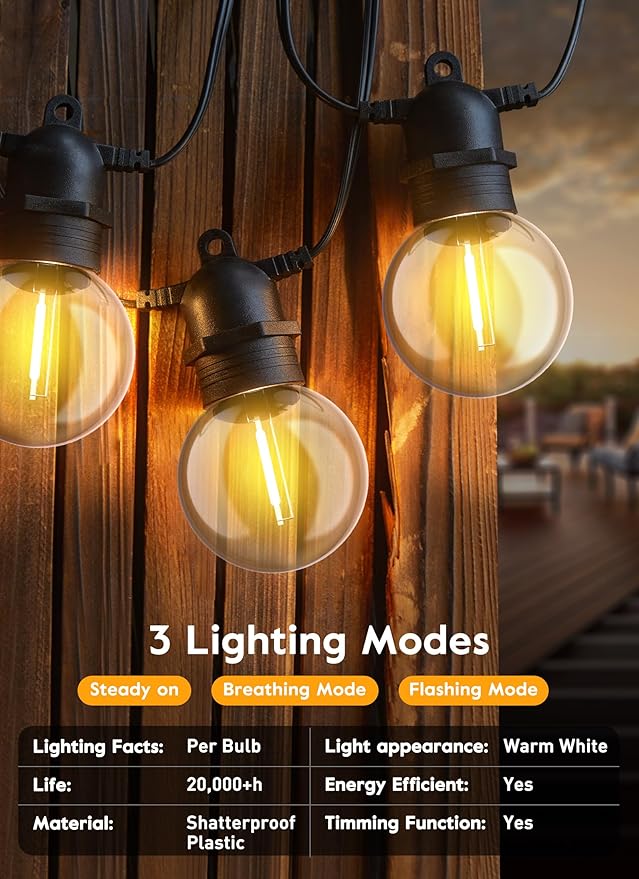 Brightown Outdoor Solar String Lights 34FT - LED G40 Pro Globe Patio Energy Saving with 11 Shatterproof Bulbs, 3 Light Modes Waterproof Hanging Lights for Christmas Outside Garden Backyard Party Decor-Ruum Studio Home